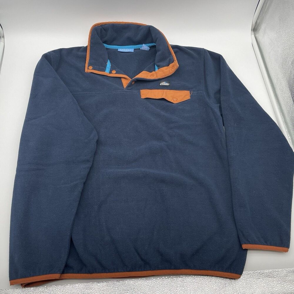 Coast Men’s Navy Blue Fleece Pullover Snap Button Collar Orange Trim Large